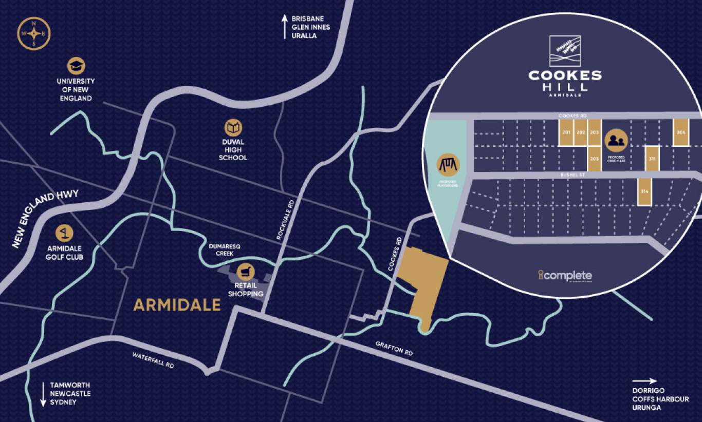 Complete by McDonald Jones Homes at Cookes Hill - Armidale Location Map