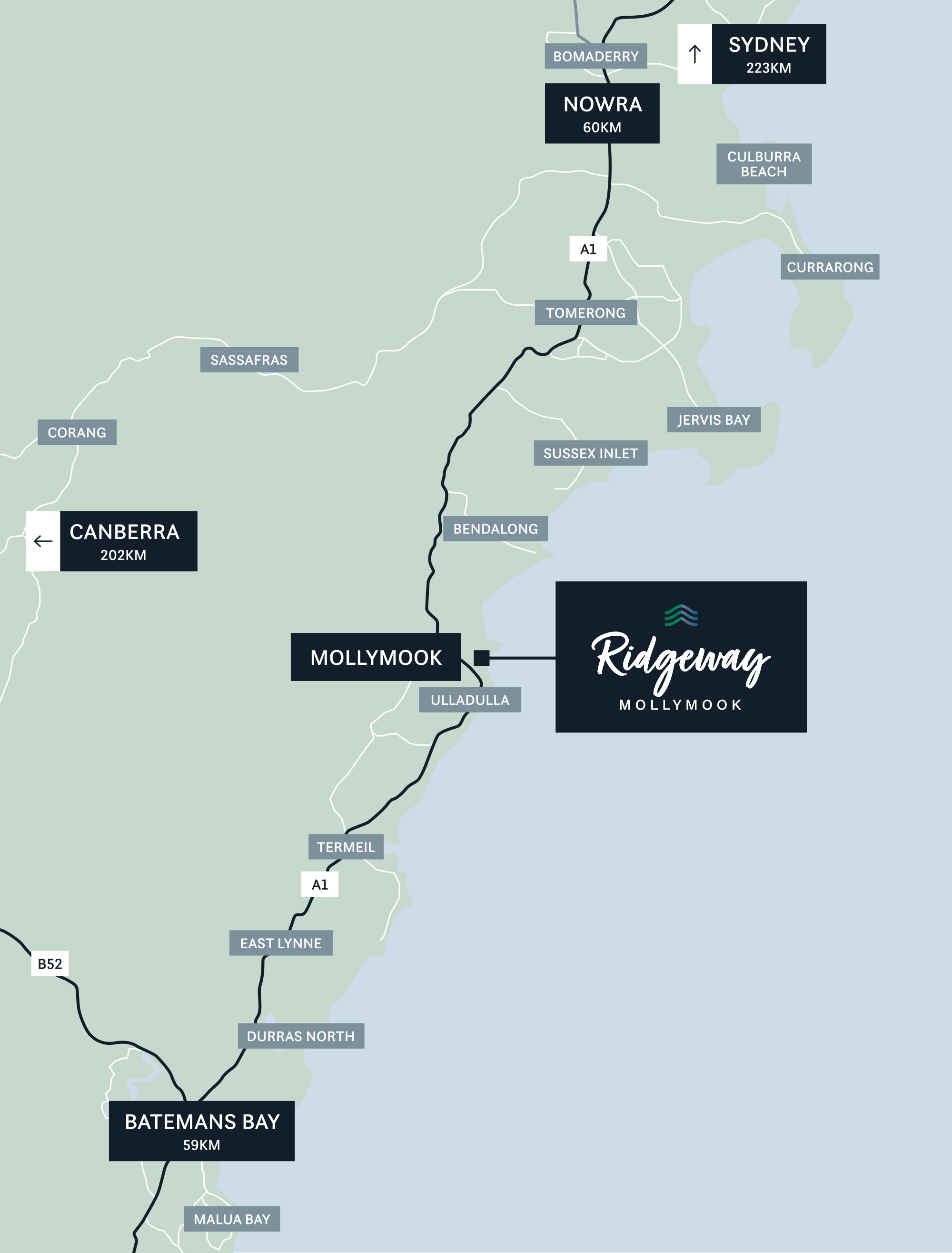 Ridgeway Mollymook Estate - Mollymook Beach Location Map