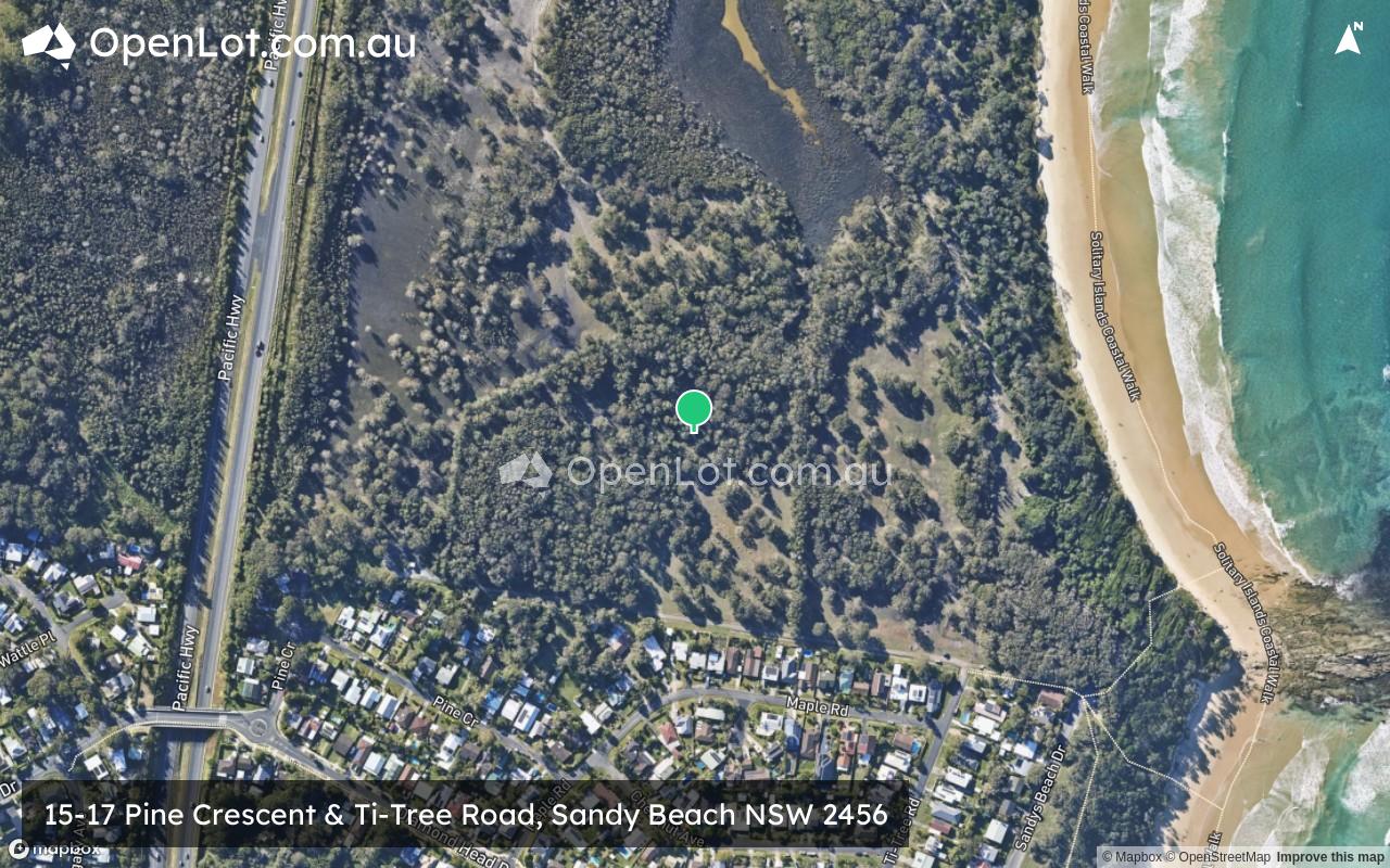 Satellite image for 15-17 Pine Crescent & Ti-Tree Road, Sandy Beach NSW 2456